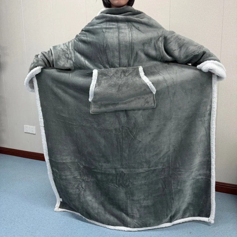 Flannel Wearable Blanket with Sleeves And Pocket Soft Warm Protable Grey Blankets for Adult Home Office Nap Travel Couch Car