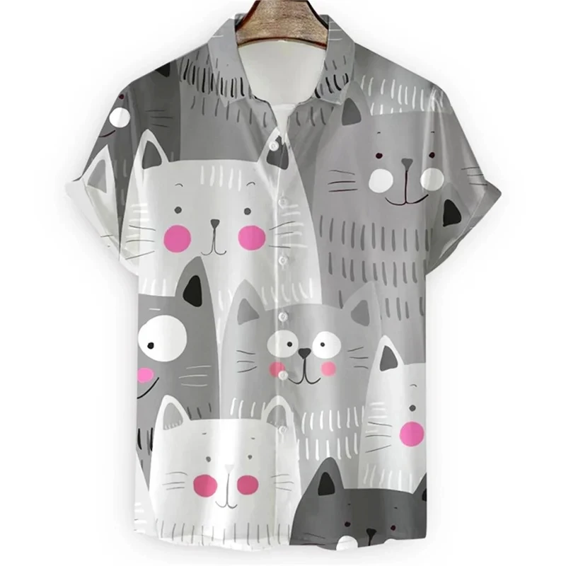 Cute 3d Cartoon Cat Print Shirt For Men Cool Summer Short Sleeve Button Loose Hawaiian Shirt Holiday Beach Shirt Mens Clothing