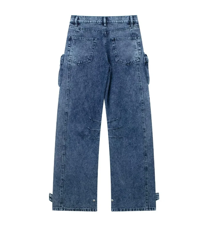 CPSYMYM Women's Pants Spring  Multi Pocket Design High Waist Casual Straight Leg Denim Cargo Pants Y2K Streetwear
