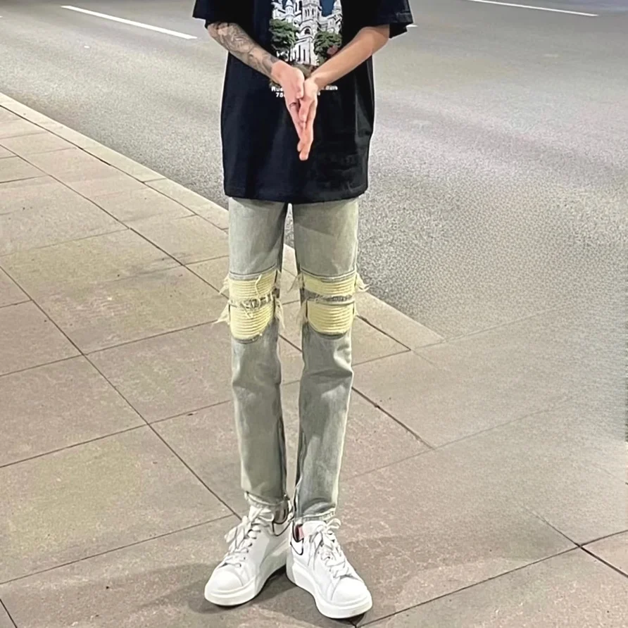 

Модные мужские джинсы Slim Fit в стиле High Street, плотные, рваные, в американском стиле, универсальные, повседневные, длинные брюки