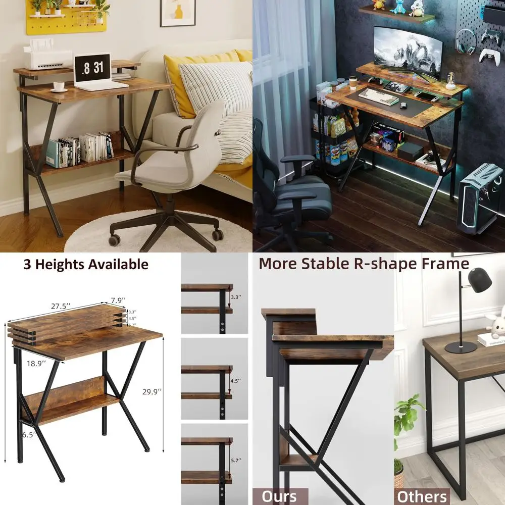

Compact 27.5 Rustic Brown Desk with Adjustable Monitor Stand and Storage for Home Office and Bedrooms