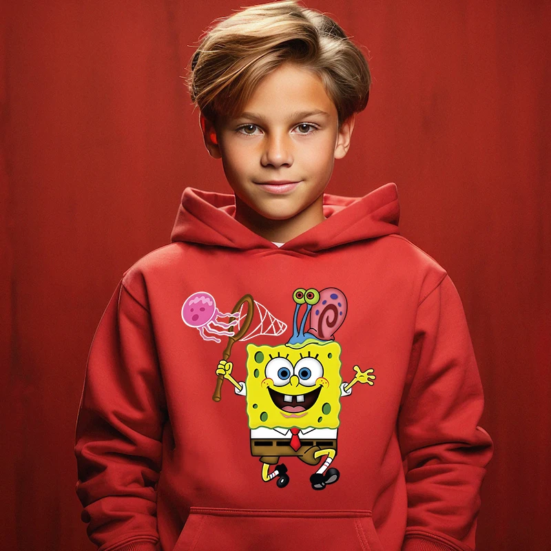 SpongeBob SquarePants printed kids hoodie red top plus velvet sweatshirt for boys and girls