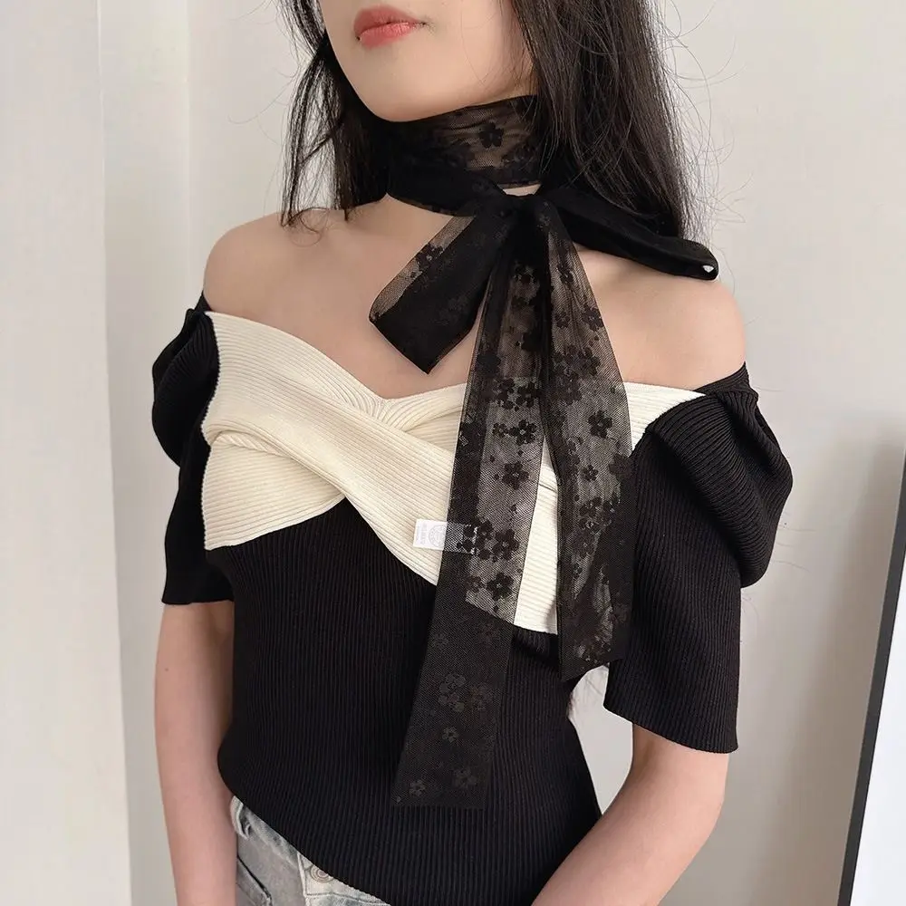 Fashion Flower Retro Lace Neck Strap Dressing Decoration Transparent Hair Band Korean Style Neckerchief Long Ribbon Ladies/Girls