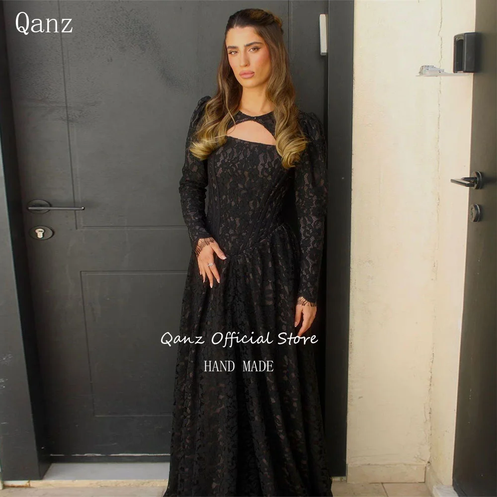 

Qanz Black Lace Evening Dresses Long A Line Strapless Vestidos De Fiesta Customized 2024 Ladies Dresses For Special Occasions