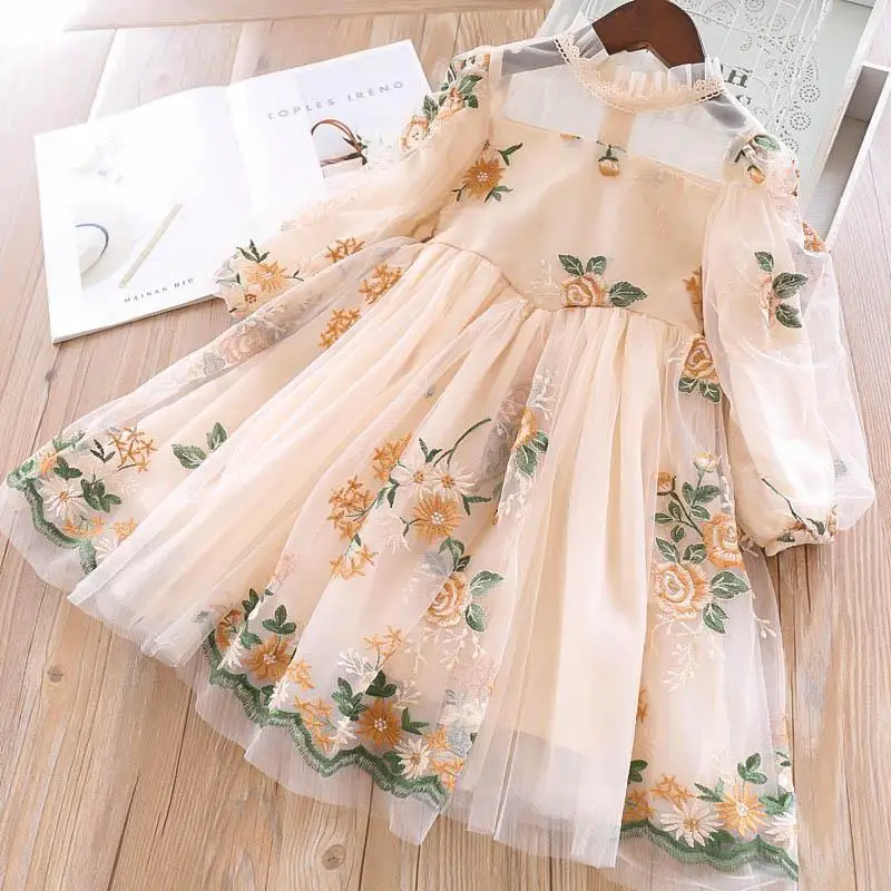 

Girl's Autumn Pullover Lace Collar Spliced Zipper Flower Embroidered Bubble Sleeves Palace Style Long Sleeved Princess Dress