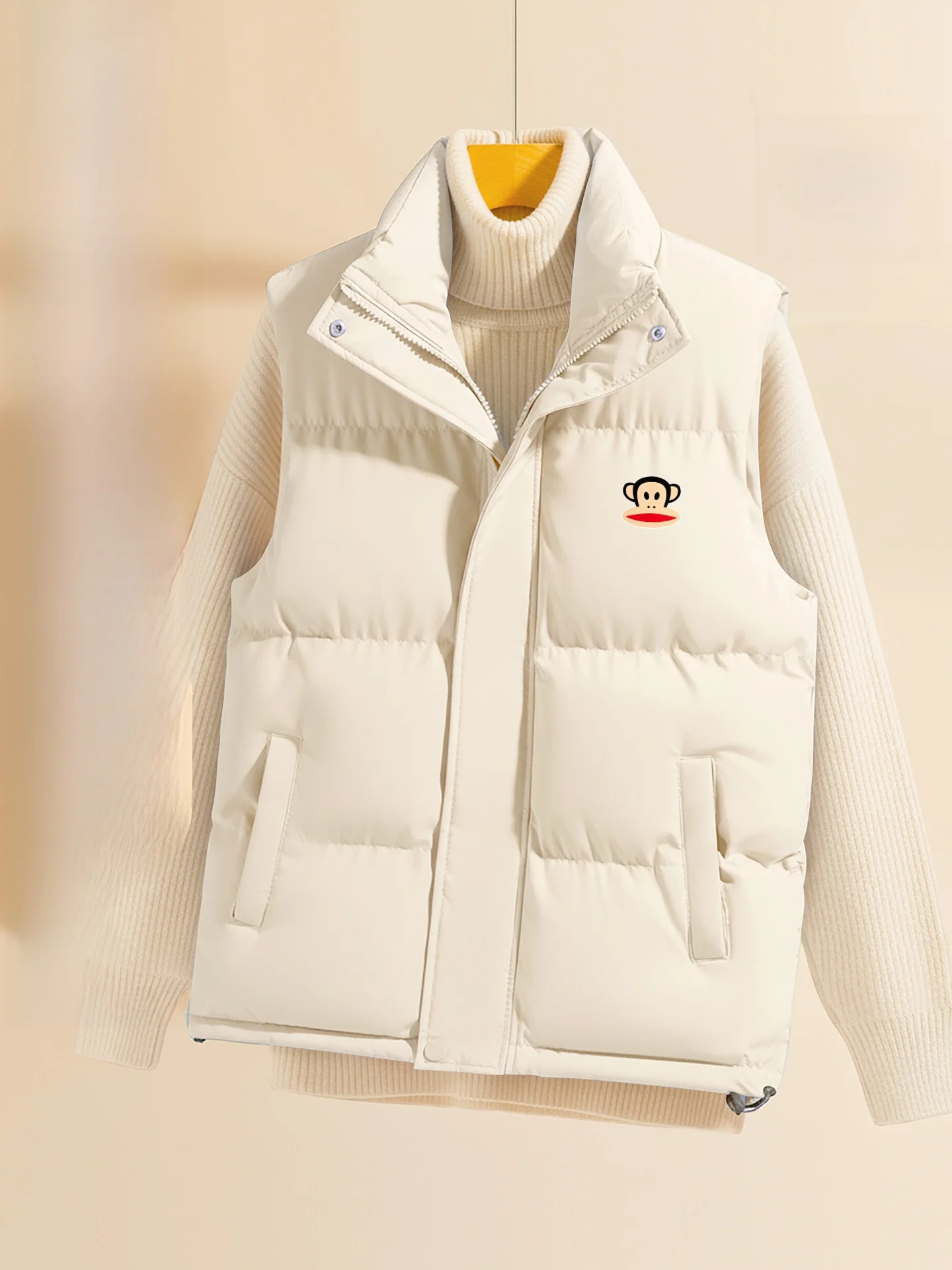 

Monkey Hooded Cotton Vest Men's Autumn Winter Casual Warm Bread Cotton Jaet Women's Stand Collar Faionable Str...