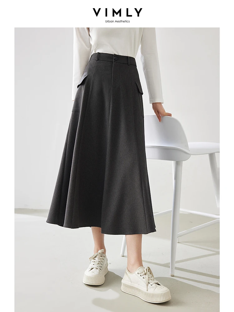 Vimly Dark Grey Elegant A-line Midi Skirt 2024 Spring New Office Lady Side Pockets Elastic Waist Fishtail Skirts Clothing M5273