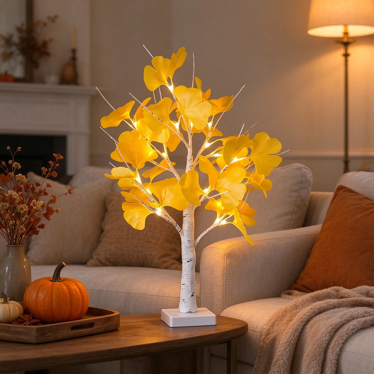 Artificial Birch Tree LED Fairy Lamp Featuring Golden Ginkgo Foliage & White Pine Blossom, Indoor Desktop Decorative Light