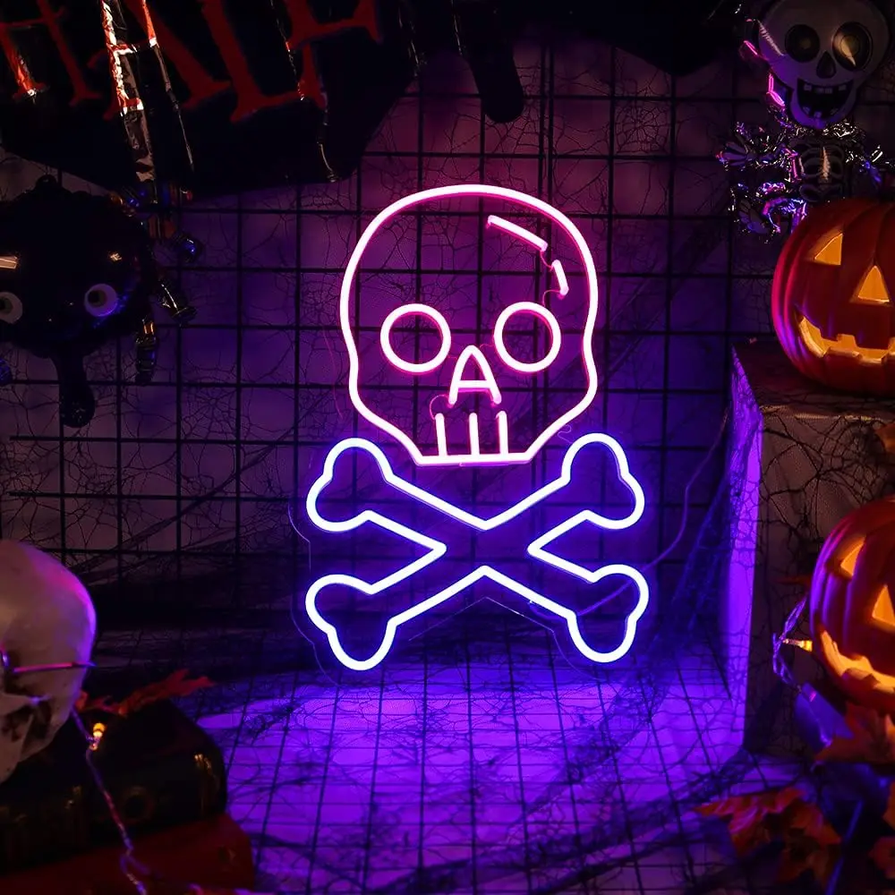 Lampu dinding Neon dekorasi kerangka tengkorak lampu Neon hantu Halloween lampu dinding Neon hadiah untuk anak-anak Dekorasi seni Bar rumah pesta Halloween