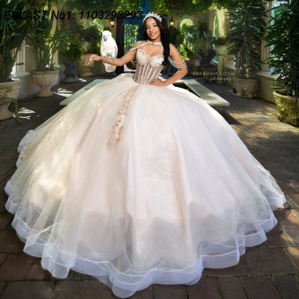 EVLAST Customized 2026 Ivory Quinceanera Dress Ball Gown Lace Applique Beading Bow Corset Sweet 16 Vestidos De 15 Anos E1QN711