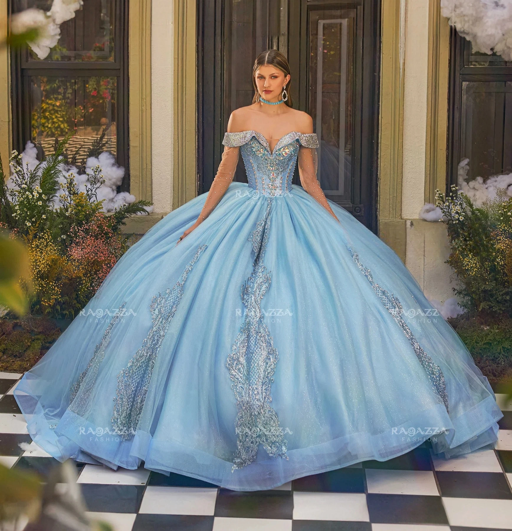 Vestidos de quinceañera mexicana, vestido de baile de manga larga, apliques de cristales hinchados, azul cielo, dulce 16, 15 Años