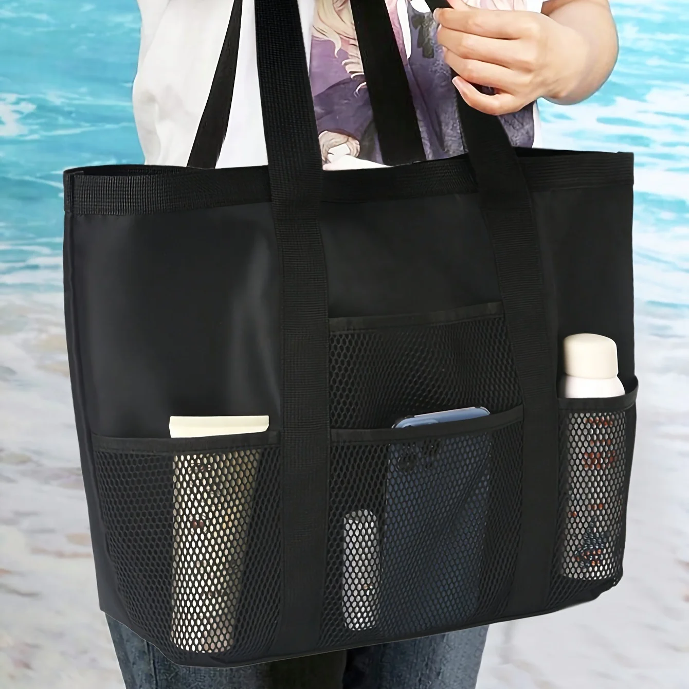 Foldable Mesh Beach Bag, Fitness and Swimming Bag, Storage Bag, Large-Capacity Portable Bag, Hand-Held Beach Bag, Bathing Bag