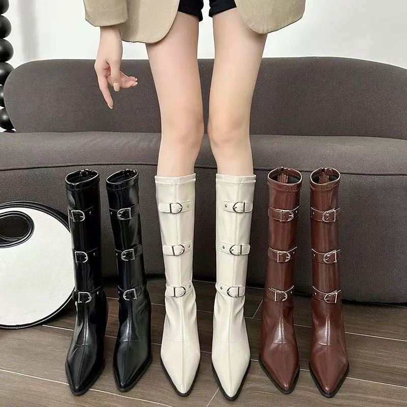 

2025 Pointed High Heels Western Cowboy Fashion Boots Belt Buckle Knight Boots