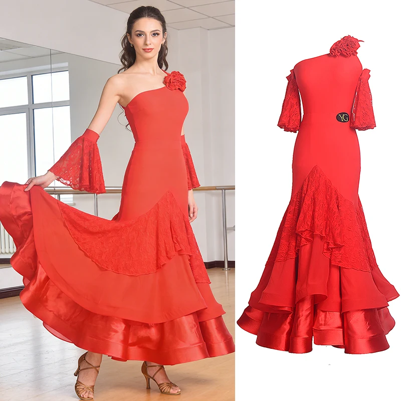 

Красное платье для бальных танцев, стандартная современная танцевальная одежда для взрослых и женщин, костюм для вальса, социального танца, тренировочная юбка 2403