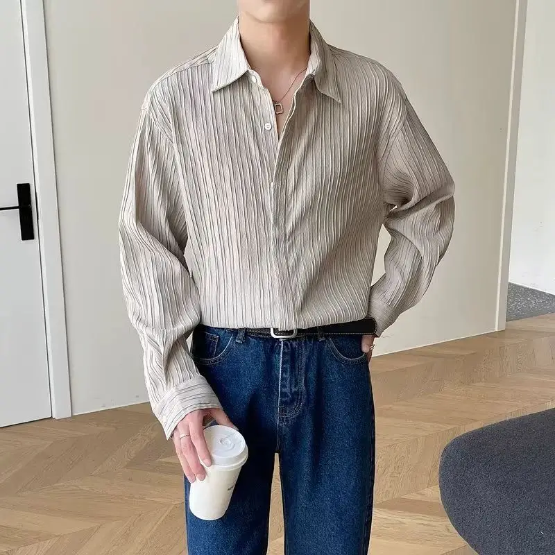 Luxury Black White Apricot Long Sleeve Shirt Men Fashion Wave Texture Cross-border Mens Shirt Pleated Loose Casual Tops Shirts