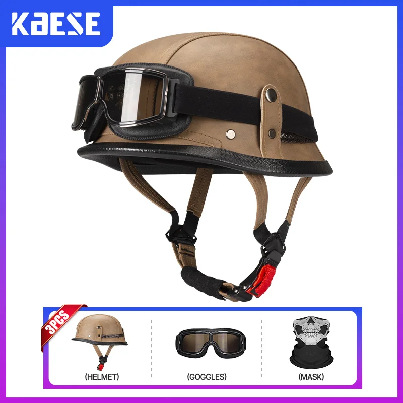 Retro Half Face Helmet Leather Low Profile Motorcycle Helmets Vintage 1/2 Open Face Moto Cascos Para Motos Adult Men Women DOT