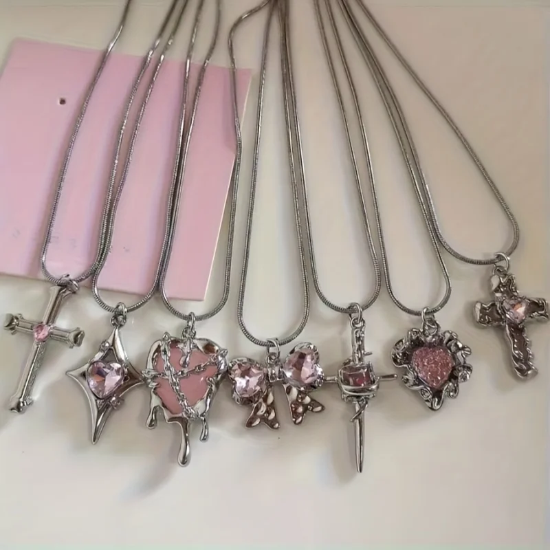 7Pcs Y2K Pink Water Diamond Drop Heart Cross Pendant Necklace Set Silver Snake Chain Thorn Bow Star Dagger Women's Jewelry