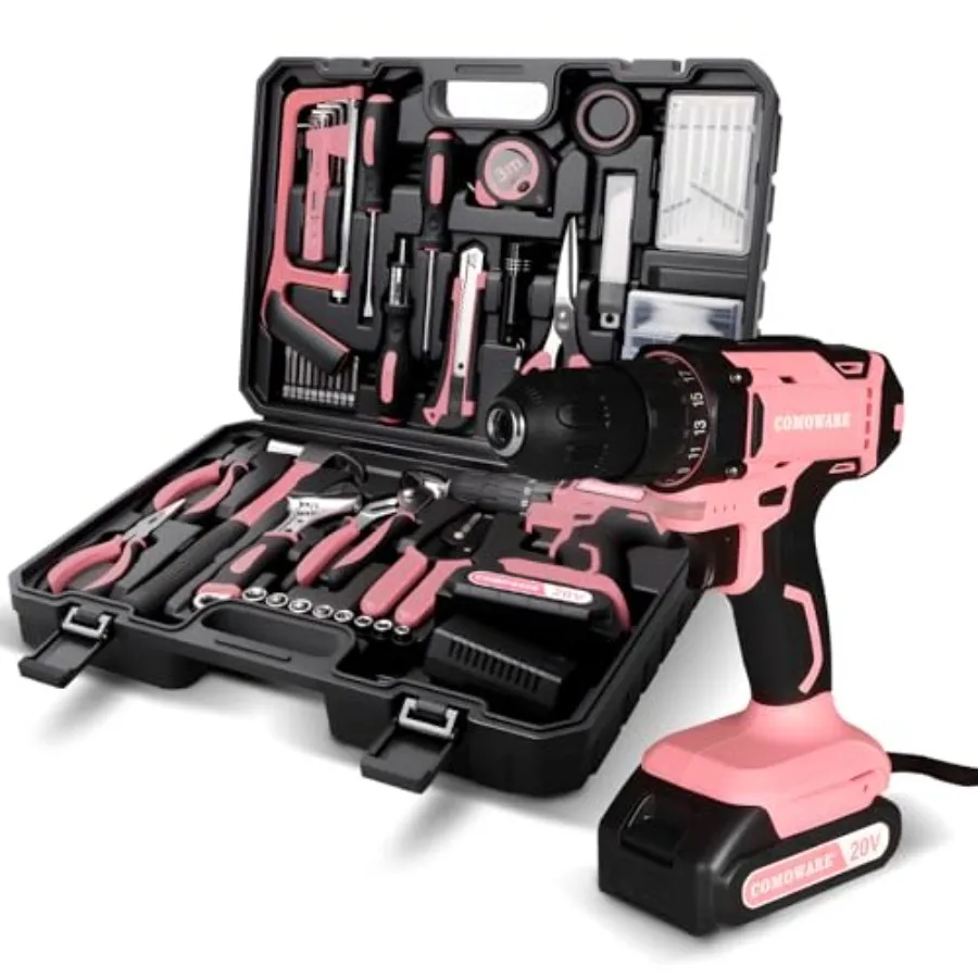 

Pink 20V Cordless Drill Driver 120Pcs Hand Tool Set for Household Office Garden DIYPlastic Toolbox Lightweight Ergonomic Design