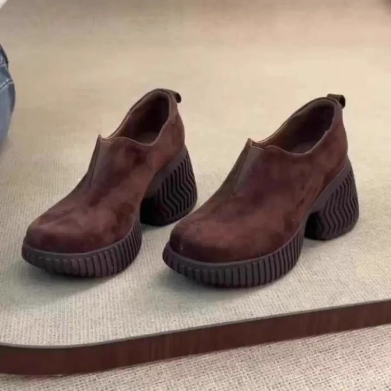 

Round Toe Deep Mouth Platform Heels Women's Flannelette Slip-on Non-Slip Low-Top Shoes