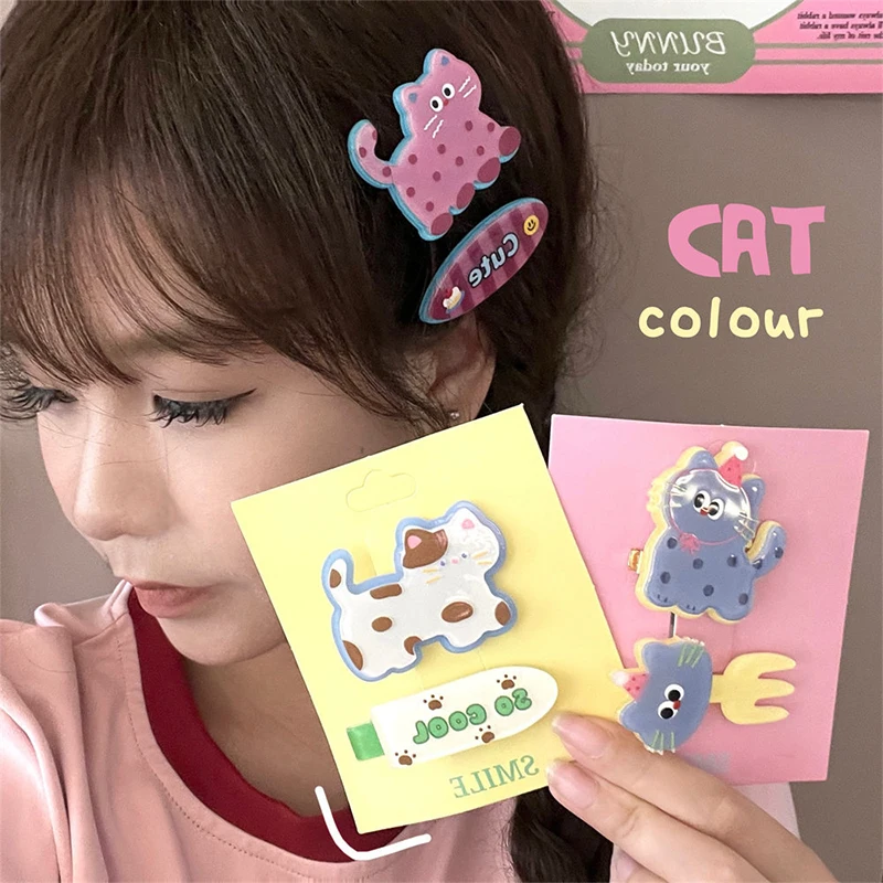 2Pcs Cute Cartoon Cat Acrylic Hair Clip Hairpin Side Clip For Women Girls Fashion Sweet Headwear Hair Headdress Accessories Gift