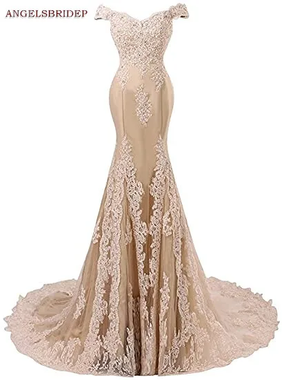 

ANGELSBRIDEP Champagne Mermaid Prom Dresses Vintage Applique Crystal Court Train Vestidos de festa Abendkleider Party Gowns HOT