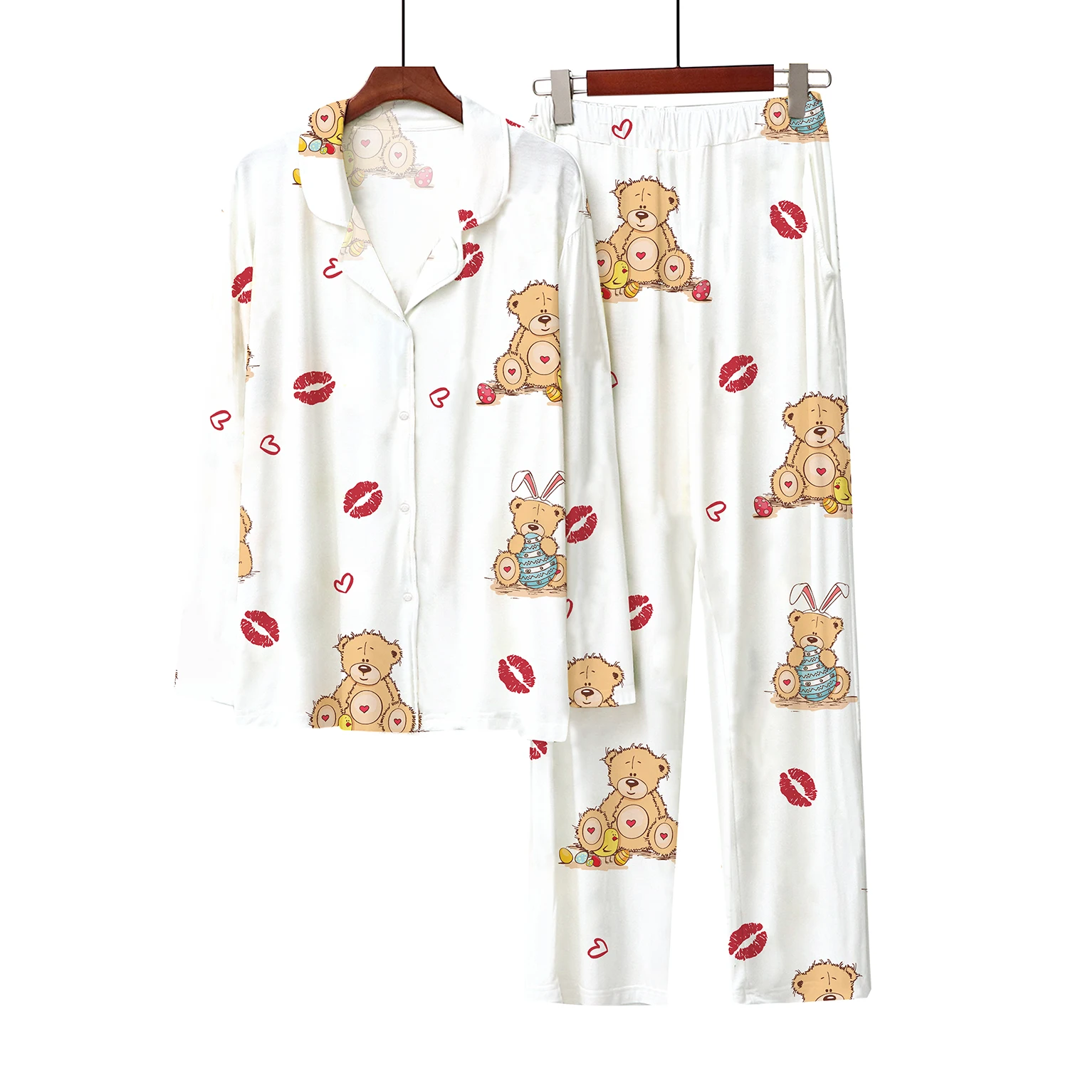 

Spring Autumn 2023 New 3D Digital Printing Cute Little Bear Button Cardigan Imitation Cotton Sleepwear Nightwear Home Casual Set