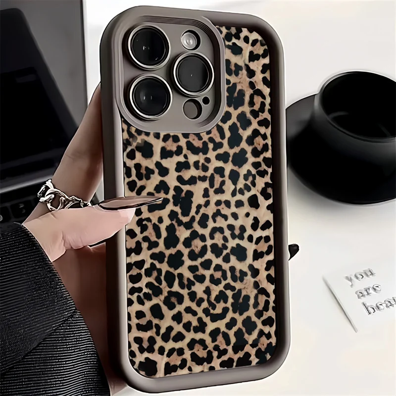 

Fashion Sexy Brown Leopard Silicone Soft Case For iPhone 13 14 Pro Max 11 12 Mini 15 16 Plus SE2022 7 8 X XS XR Shockproof Cover