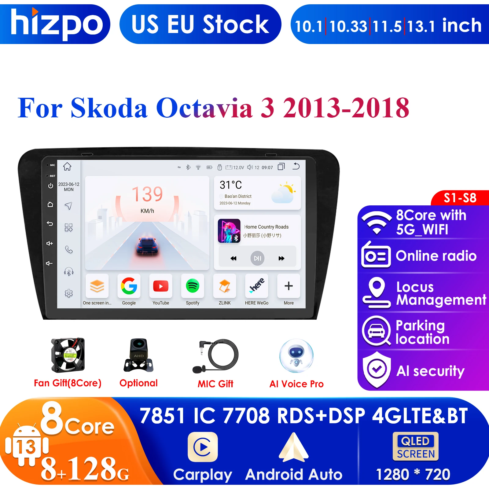 AI Voice 2Din Android 13 Auto Radio for SKODA Octavia 3 A7 2013-2018 Carplay 4G Multimedia GPS Autoradio Car Intelligent Systems