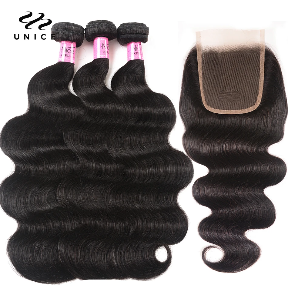 UNICE HAIR 4x4 Lace Closure With Malaysian Body Wave 3/4 Bundles with Lace Closures With Remy Hair Human Hair Bundles