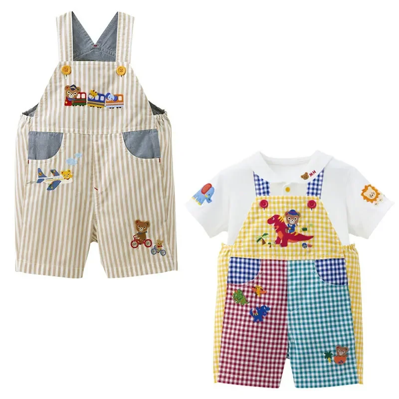 

Bib Shorts Boys Summer Kids Cartoon Train Dinosaur Embroidery Plaid Stripe Patchwork Bib Pants