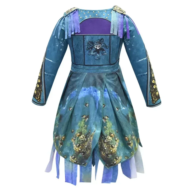♥ 2025 New COS Descendants 3 Mal Bertha Maleficent Curls Live Evil Straight Blue Girls Cosplay Cap Dress Halloween Costum ★☆ly99