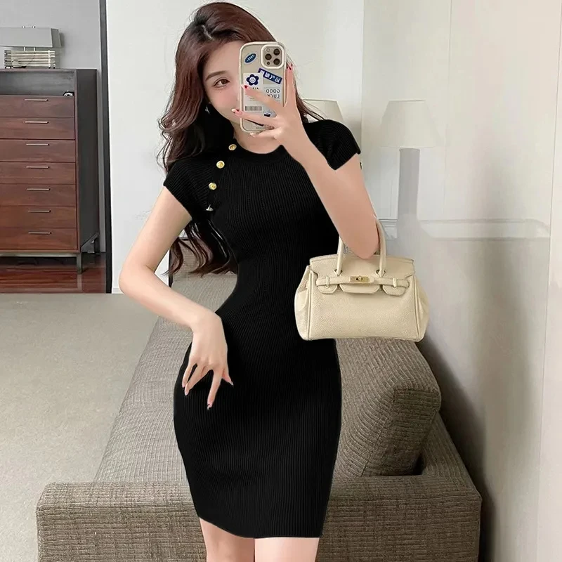 

Elegant Sheath Knitting Dress Woman Gentle Round Neck Buttons Stitching High Waist Short Dresses Ins Fashion Summer New