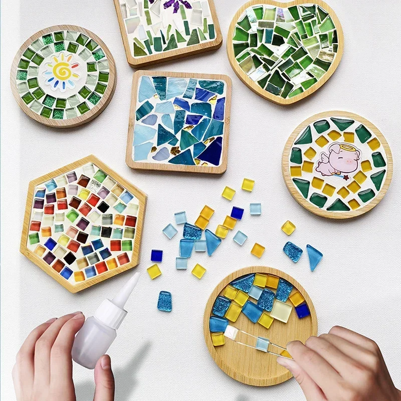 Mosaic Cup Mat for Parent-Child Early Education, Handicraft Toys, Bamboo Bottom Pad, Heart Square Coaster, Free Creation, DIY