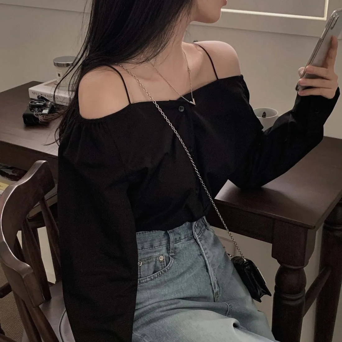 

Shirt Womens Tops Office Lady Korea French Style Casual Vintage Long Sleeve Loose Solid Spaghetti Strap Women Shirts