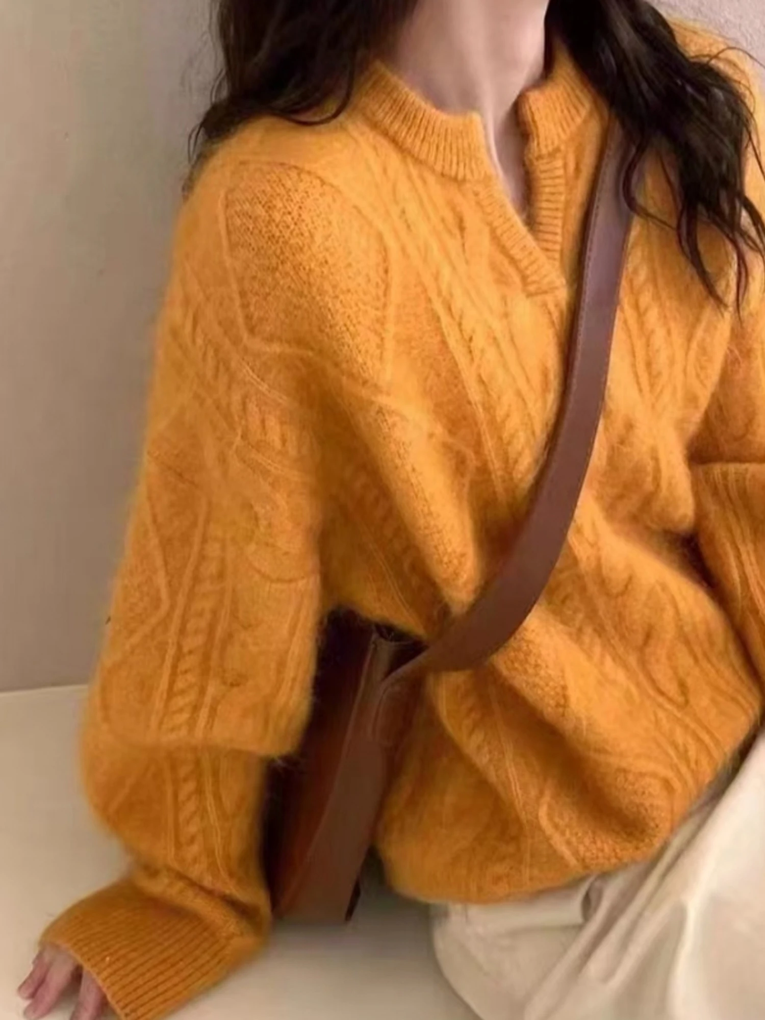 Ladies' Loose V-Necked Orange Knitted Sweater Bear Velvet Comfortable Warm Thickened Autumn Winter Casual Outerwear Top