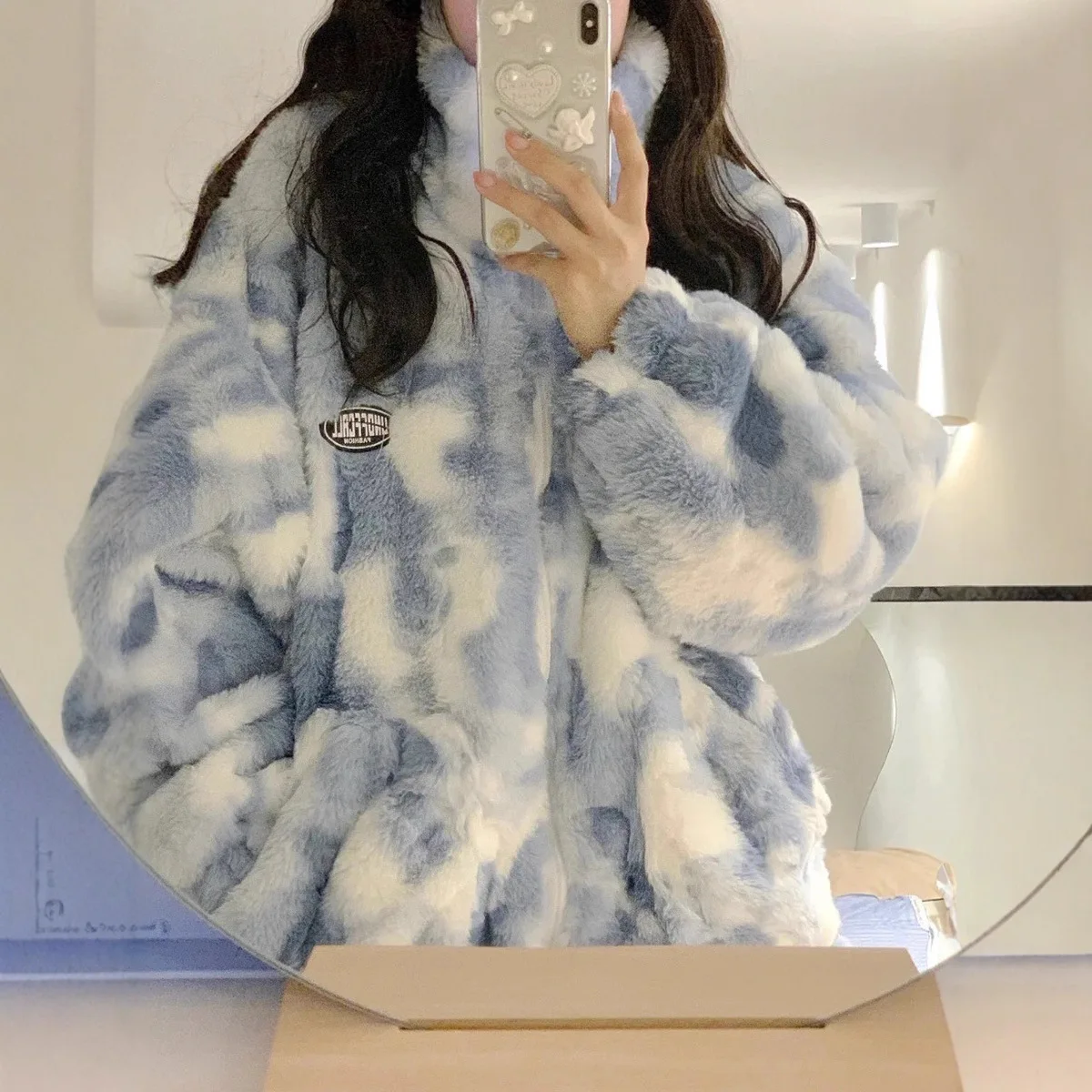 

Женская флисовая куртка с эффектом тай-дай, двусторонняя, свободного кроя, утепленная, длинная, плюшевая, зимняя, модная, повседневная, на молнии