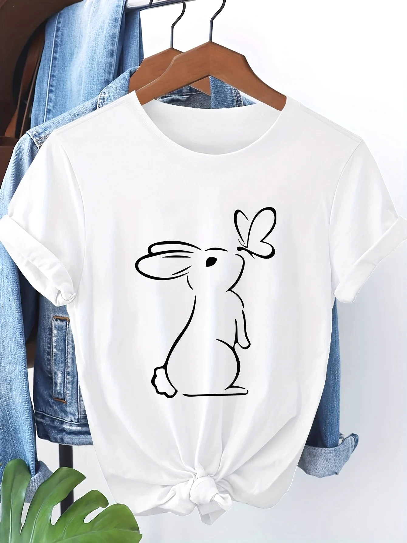 Minimalist Lines Bunny Graphic Tee Women's Casual Short Sleeve T-Shirt Cartoon Cute Rabbit Butterfly Print Round Neck Summer Top