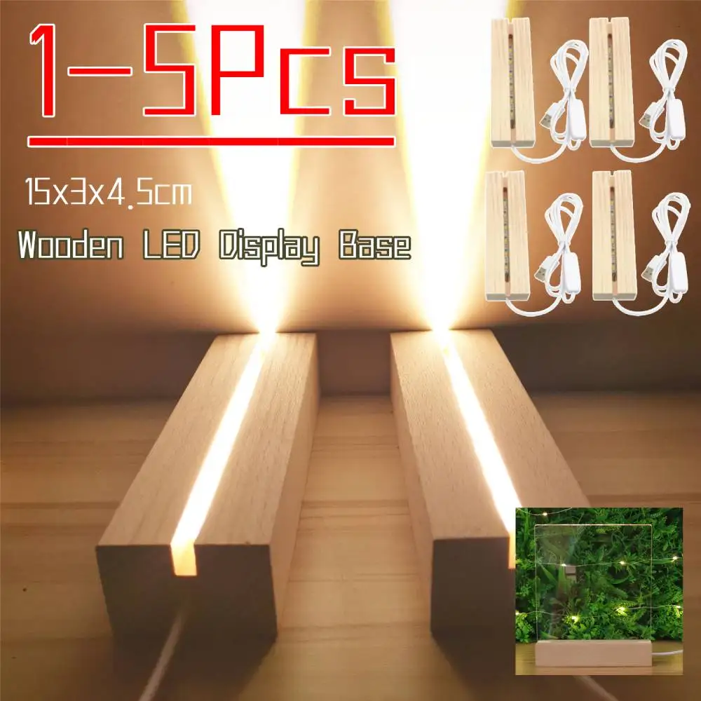 1-5Pcs LED Wood Display Base Rectangular Wooden Night Light Base USB Powered Acrylic Lights Plate Base for Bedroom Living Room