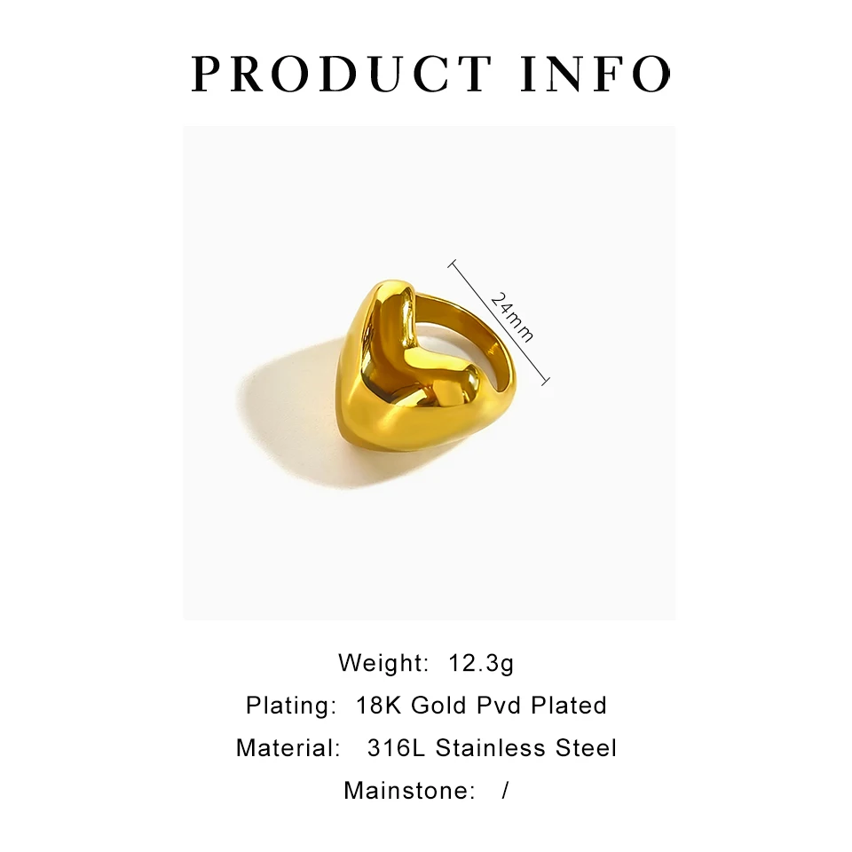 GHIDBK Stainless Steel 18K Gold Pvd Plated Chunky Heart Signet Ring Jewelry for Women Free Tarnish Statement Dome Rings Trend