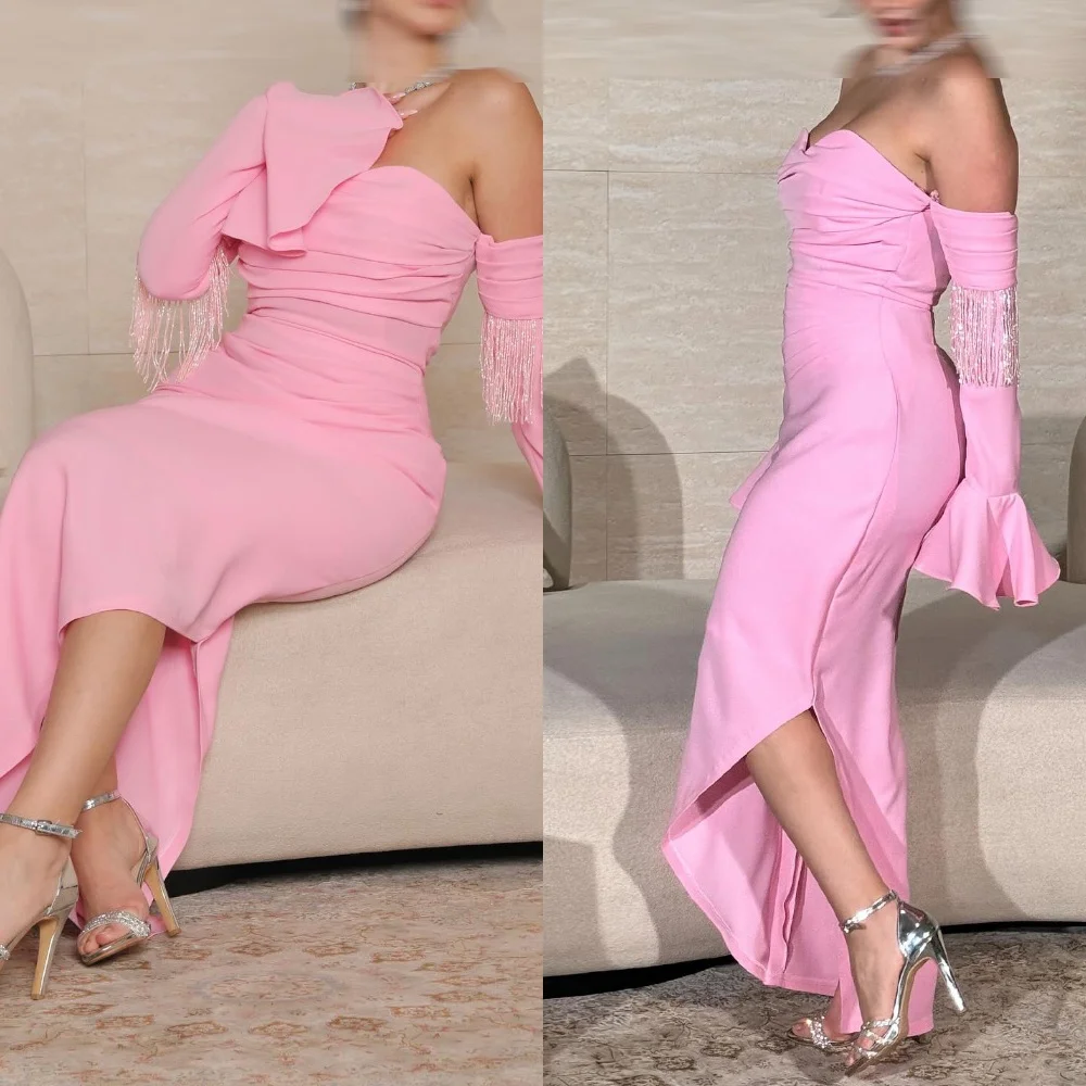 

Customized Fashion Pink Jersey Evening Dress Exquisite Strapless Long Sleeves Prom Dresses Temperament Special Occasion Gowns