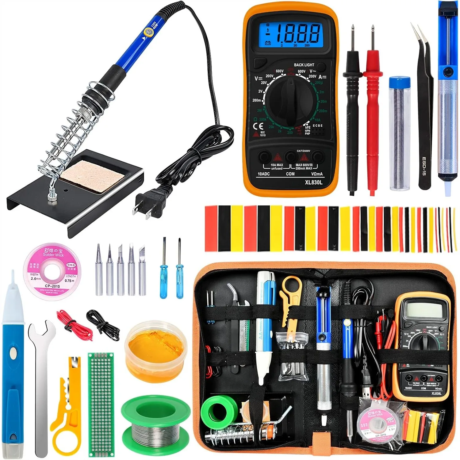 

18-In-1 Soldering Iron Kit 60W Adjustable Temperature With Digital Multimeter And 5pcs Tips For Circuit Board Welding And Electronics Repair
