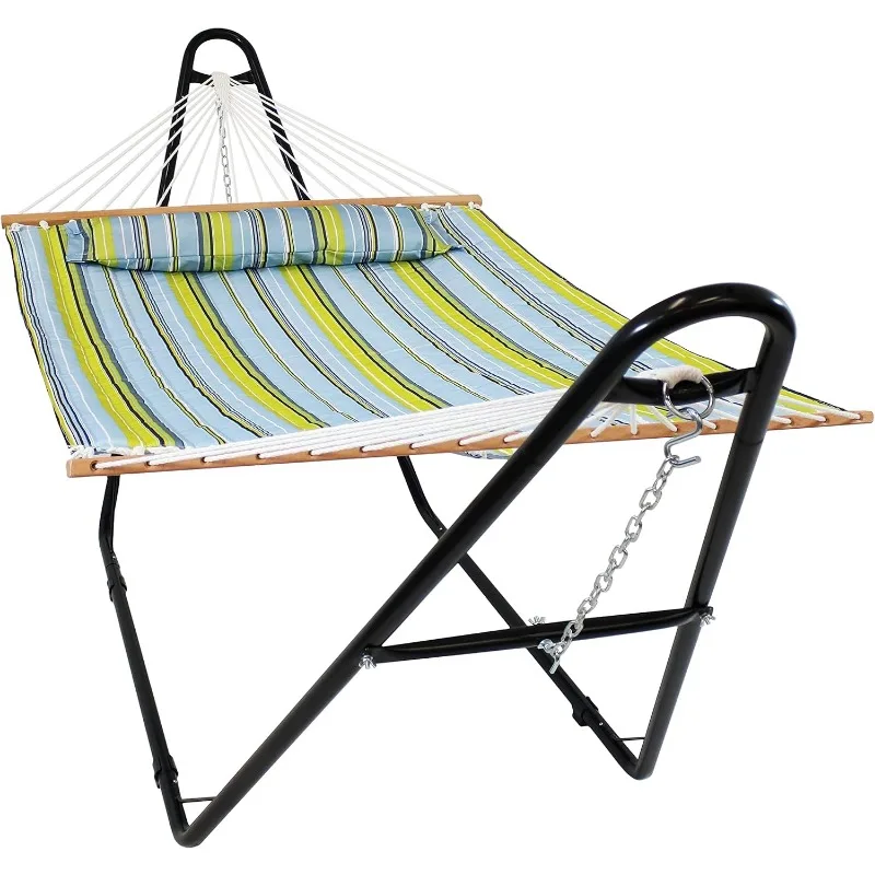 

Double Quilted Fabric Hammock with Universal Steel Stand - 450-Pound Capacity - Black Stand - Blue and Green