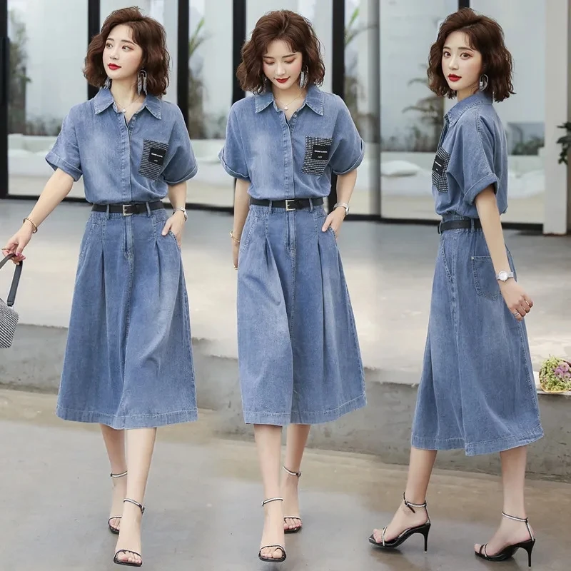 Short Sleeve Denim Shirt Dress 2023 Fashion Simple Summer Ladies Slim Denim A-Line Dress Elegant Temperament Casual Female Dress