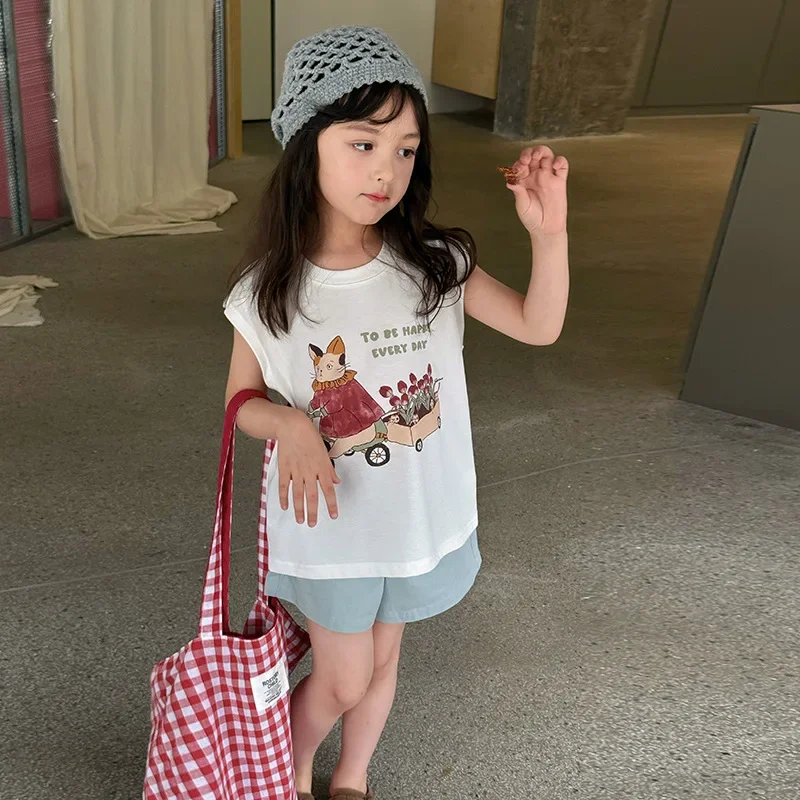 

2025 Summer New Personalized Cute Printed Sleeveless T-shirt Top for Girls