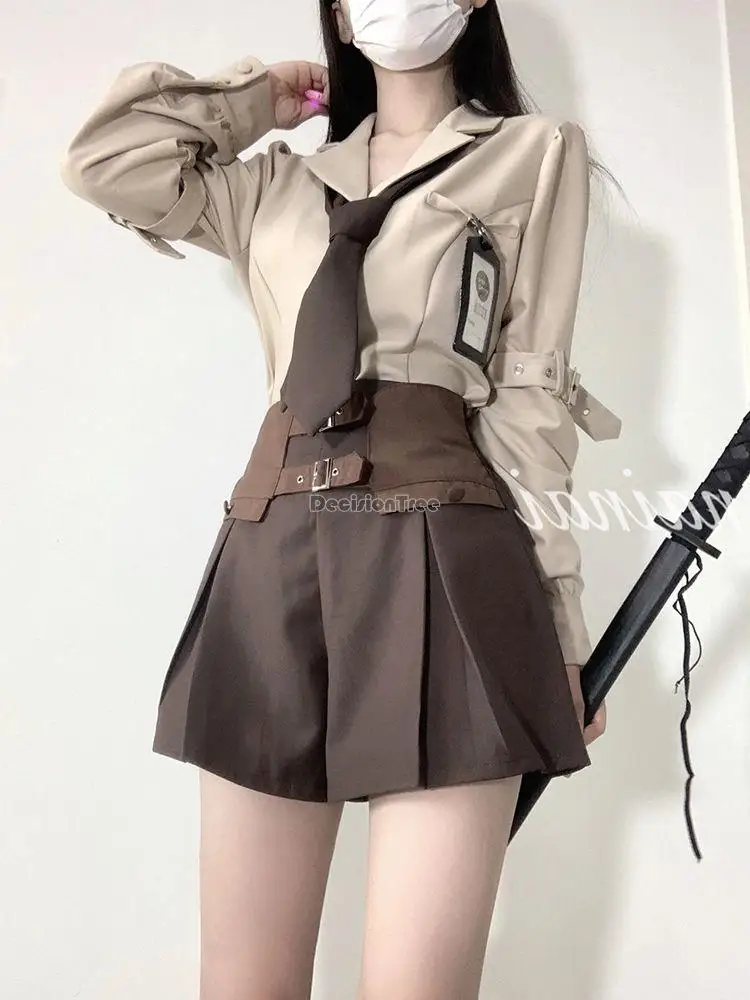 2023 neue Mode Retro-Stil JK Anzug Uniform Set Frauen Vintage Langarmhemd hoch taillierte Shorts zweiteilig täglich JK Set S797