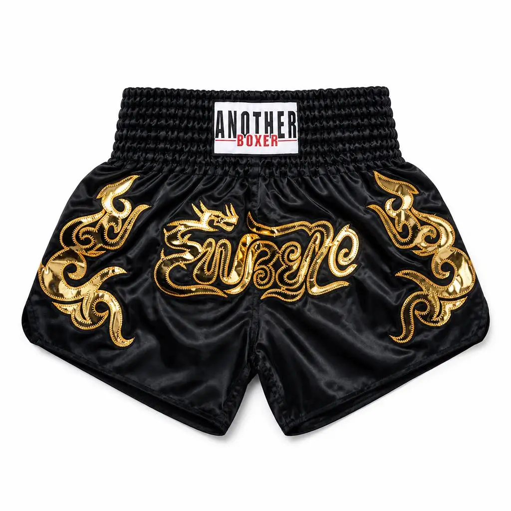 Short Muay Thai Man Kick Boxing Shorts Women Kid Gold Embroidery Satin Kickboxing Cage Fight Pants Black MMA Martial Arts Gear
