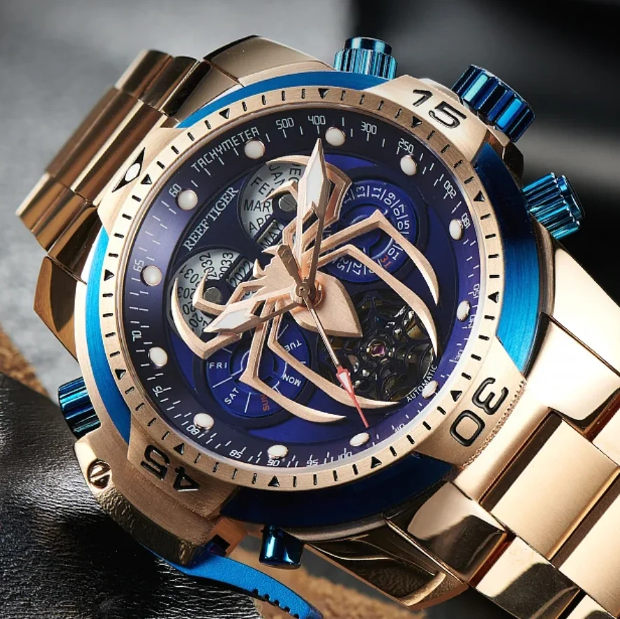 Reef Tiger Men Automatic Watch 46mm Mechanical Wristwatch Sapphire Mirror Luminous Multi-Dial Year Month Week Date Spider Dial