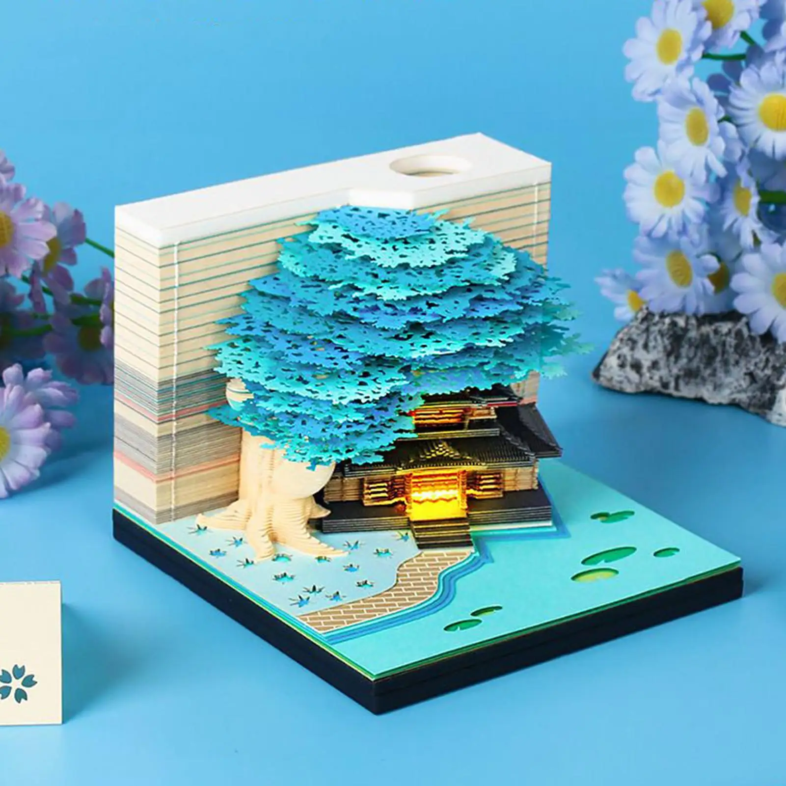 3Dカレンダー 2026年 ティアアウェイカレンダー 花の木の家デザイン アートメモ帳 ライト付き ティアアウェイメモ クラスルーム 休日 通勤用