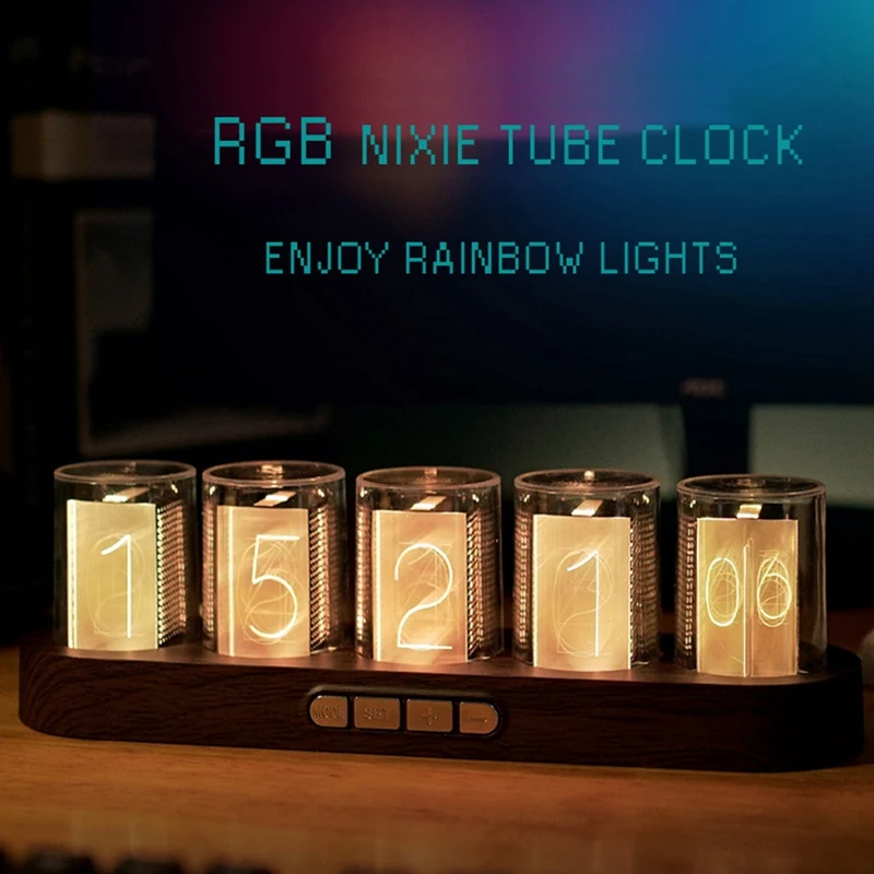 Digital Nixie Tube Clock With RGB LED Glows Light For Home Desktop Decoration DIY Idea Birthday Gift Durable Reusable Wood Color