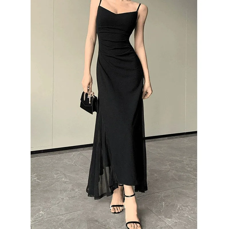 Vestido coreano de tirantes finos con cuello en V para mujer, vestidos de fiesta sexys con espalda descubierta y cintura ajustada, vestido Midi transparente negro elegante para mujer, nuevo